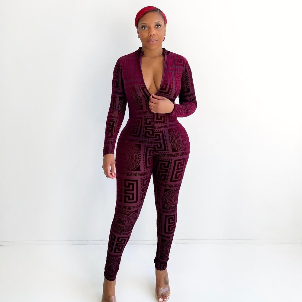 Greca Velvet Jumpsuit in Burgundy